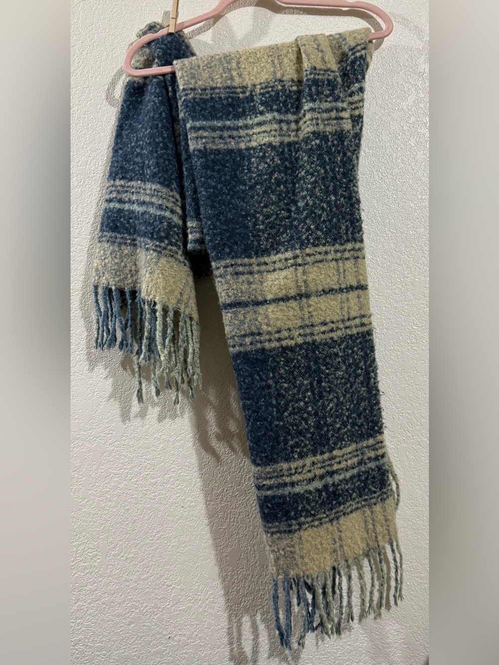 Free People Blue and Cream Plaid Fringe Scarf